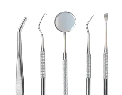 Five metal dental tools, including tweezers, probes, a mirror, and a scaler, on a white background.